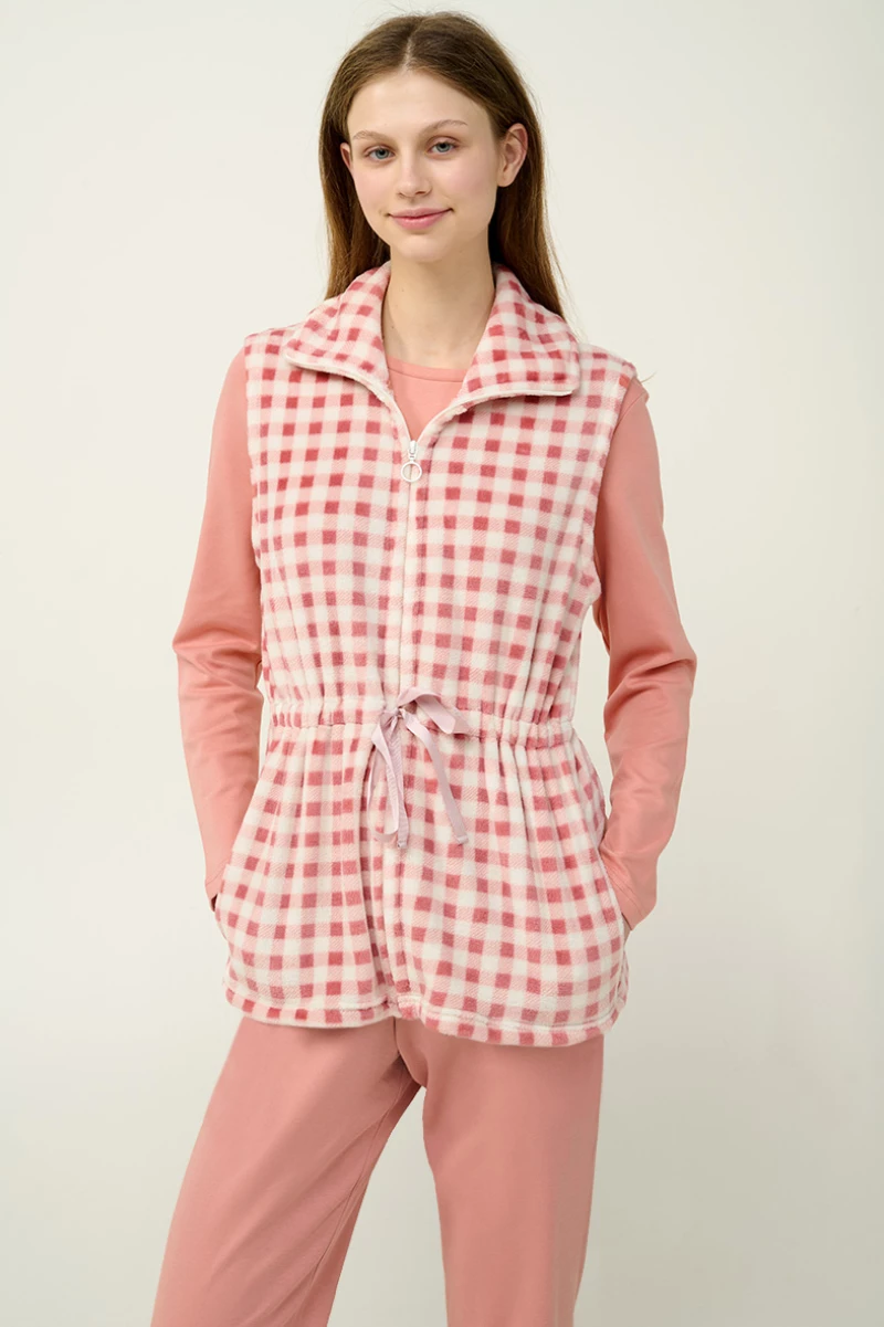 Vamp - Γυναικείο Καρό Fleece Γιλέκο - PINK TAN
