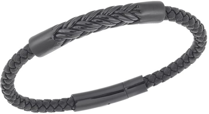 Βραχιόλι Senza Men`s Steel, Black Leather Strap, με μαύρο σχέδιο SSD5806BK