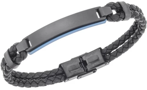 Βραχιόλι διπλό Senza Men`s Steel, Black Leather Strap, με δίχρωμη ταυτότητα SSD5832BBL