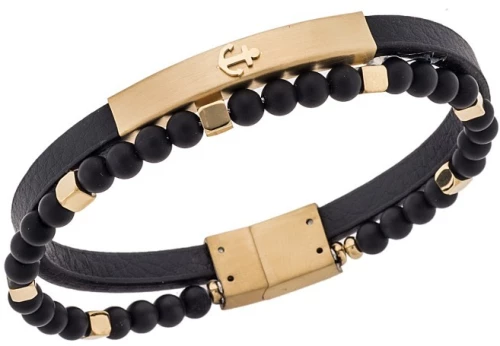 Βραχιόλι Senza Men`s Gold Plated Steel, Black Leather Strap With Anchor SSD5778GD