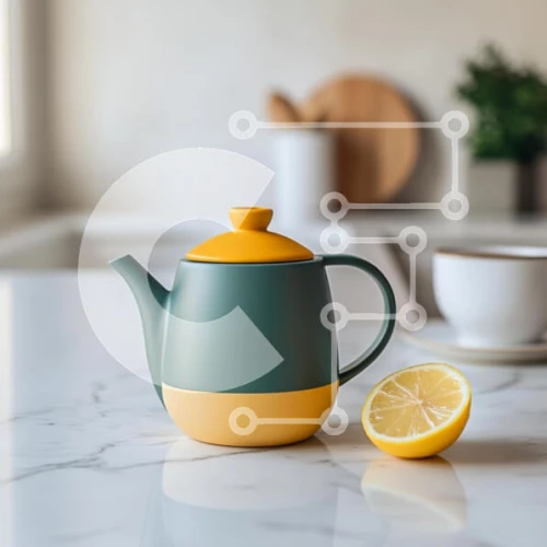 Intra Συλλεκτικό Ξύλινο Παζλ Plywood  4mm - Κομψή τσαγιέρα και λεμόνι σε μαρμάρινο πάγκο Σε Ξύλινο Κουτί - Διαστάσεις: 10x10 cm – 25 κομμάτια