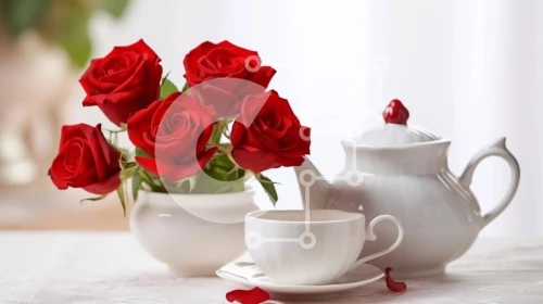 Intra Συλλεκτικό Ξύλινο Παζλ Plywood  4mm - Λευκή τσαγιέρα, φλιτζάνι και κόκκινα τριαντάφυλλα στο τραπέζι Σε Ξύλινο Κουτί - Διαστάσεις: 10x10 cm – 25 κομμάτια