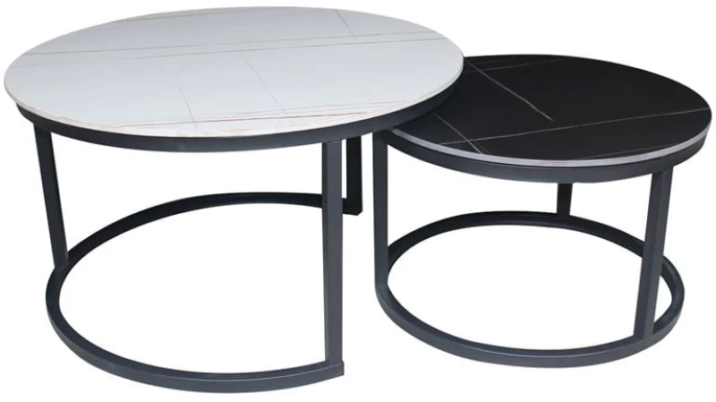 TERRY Set2 Τραπεζάκια Σαλονιού , Μέταλλο Βαφή Μαύρο, Sintered Stone White-Black Marble