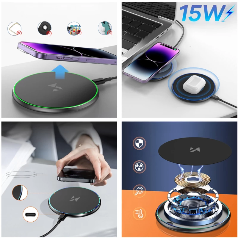 Wozinsky WLI-01Y 15W Qi Inductive Charger with USB-C Cable - Black