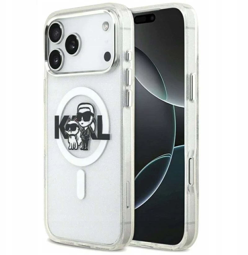 Karl Lagerfeld IML Glitter Karl & Choupette Sketch Logo MagSafe Case for iPhone 17 Pro Max - Clear