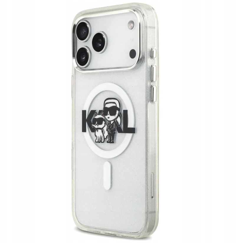 Karl Lagerfeld IML Glitter Karl & Choupette Sketch Logo MagSafe Case for iPhone 17 Pro Max - Clear