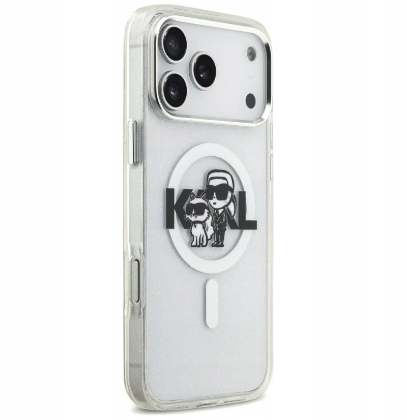 Karl Lagerfeld IML Glitter Karl & Choupette Sketch Logo MagSafe Case for iPhone 17 Pro Max - Clear