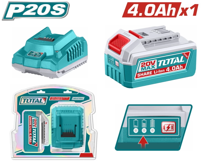 Επαγγελματικό σετ μπαταρία 20V / 4Ah & φορτιστής TOTAL TFBCPK1012