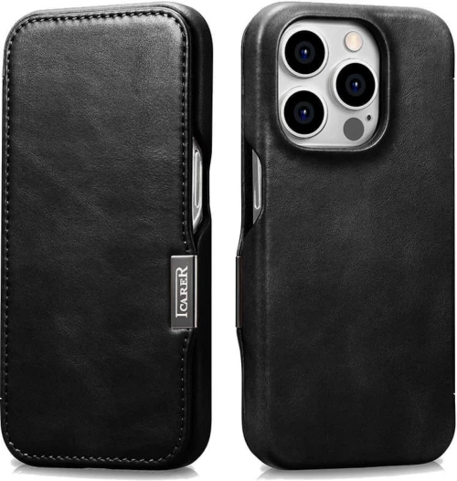 Θήκη iPhone 15 Pro iCarer Vintage Series Side-Open Flip Σκληρή Δερμάτινη με MagSafe - Black (WMI15230614-BK)