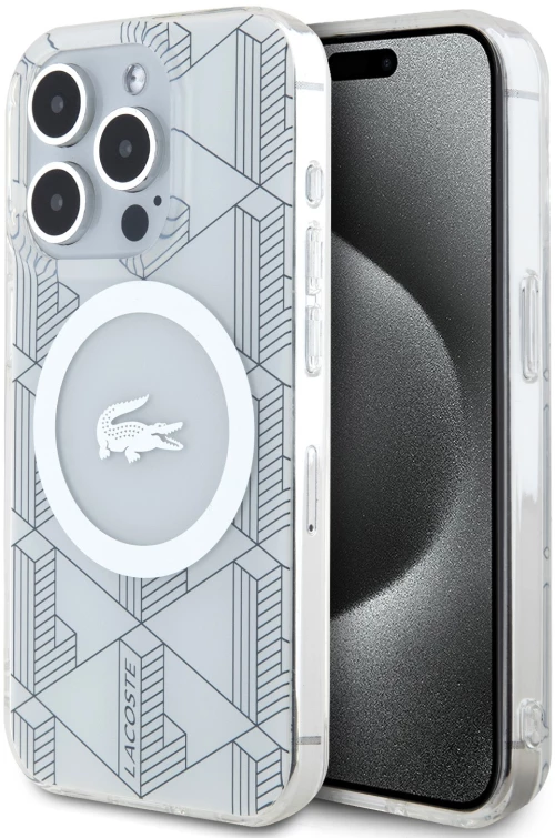 Lacoste Magsafe Monogram Croc Logo Hard Case Θήκη προστασίας από Σιλικόνη για iPhone 15 Pro Farine/Silver