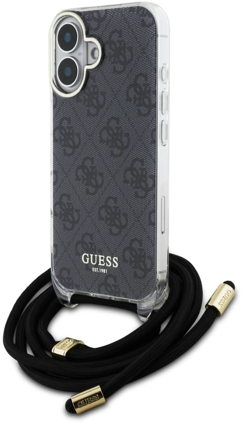 Guess "4G Logo Collection" Crossbody Hard Case Script Metal Logo Θήκη προστασίας από σιλικόνη με λουράκι – iPhone 16 Μαύρο – GUH