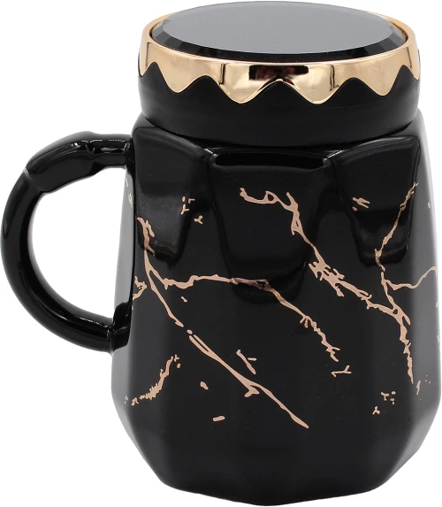 Κούπα κεραμική 460 ml Φ9Χ13 εκ. μαύρο χρυσό με καπάκι καθρέπτη KESKOR 79200-2