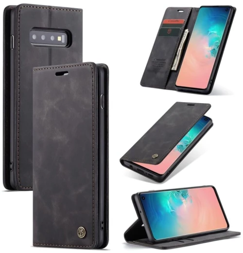 CaseMe-013 Πολυλειτουργική ρετρό παγωμένη οριζόντια δερμάτινη θήκη για Galaxy S10, με υποδοχή για κάρτες & θήκη για πορτοφόλι (Μαύρο)