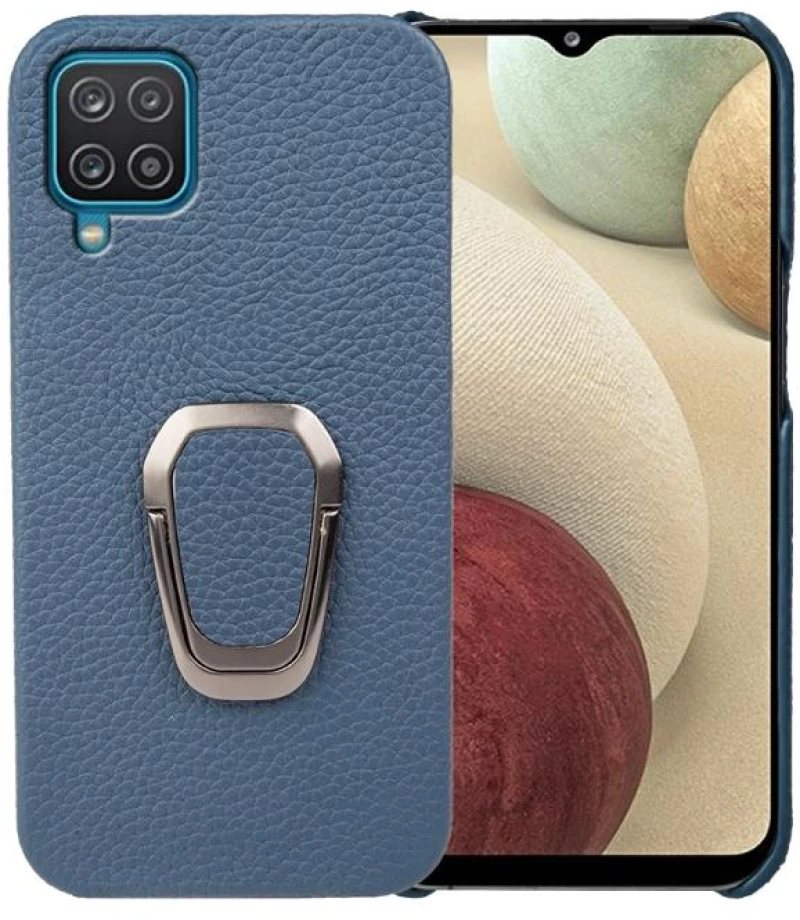 Θήκη κινητού τηλεφώνου Samsung Galaxy A12 με δακτύλιο και γνήσιο δέρμα υφής λύτσι (Μπλε)
