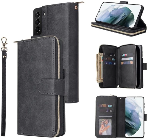 Για Samsung Galaxy S21+ φερμουάρ τσάντα πορτοφόλι οριζόντια Flip PU δέρμα θήκη με θήκη & 9 υποδοχές για κάρτες & πορτοφόλι & κορδόνι & κορνίζα & πλαίσιο φωτογραφιών (Μαύρο)