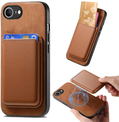 Θήκη κινητού τηλεφώνου για iPhone 16e Retro Magsafe Card Bag, με πίσω κάλυψη από PU (Καφέ)