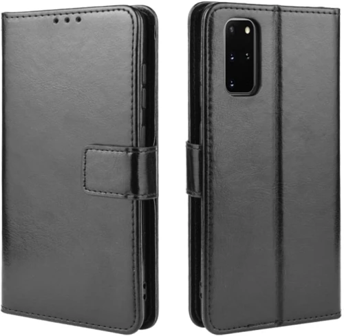 Θήκη δέρματος οριζόντιας αναδίπλωσης για Galaxy S20+/S20+5G με υφή Retro Crazy Horse, με βάση στήριξης & υποδοχές καρτών & κορνίζα φωτογραφιών (Μαύρο)