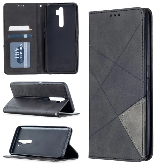 Θήκη για Oppo A5 (2020) / A9 (2020) με μαγνητικό κλείσιμο, δερμάτινη με υφή ρόμβου, οριζόντια αναδίπλωση, με βάση στήριξης & θήκες για κάρτες (Μαύρο)