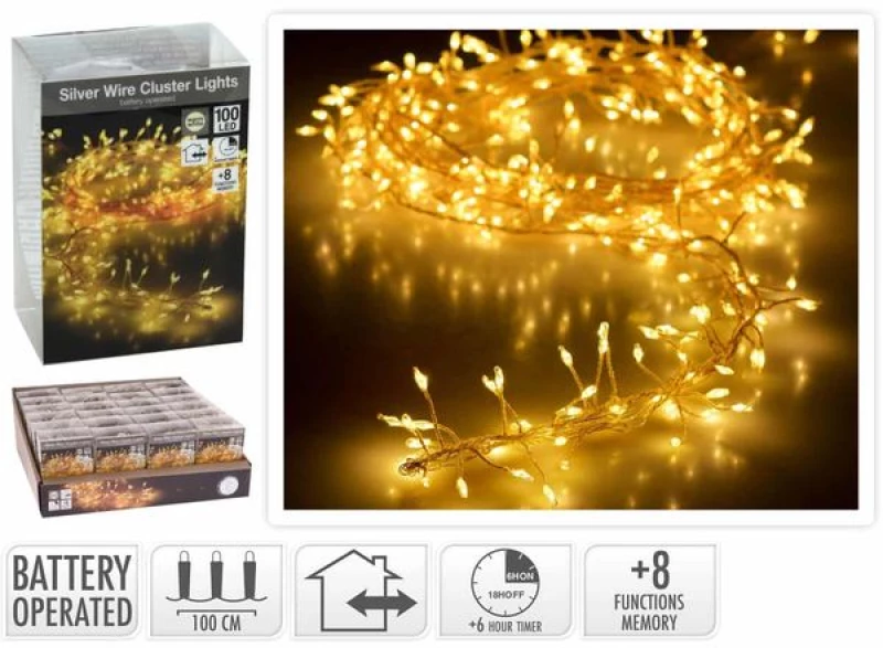 Epam Σειρά Cluster - Φοίνικας 100 LED Θερμό Λευκό 1m Με 8 Προγράμματα Ασημί Σύρμα Μπαταρίας CLUSTER-100WW