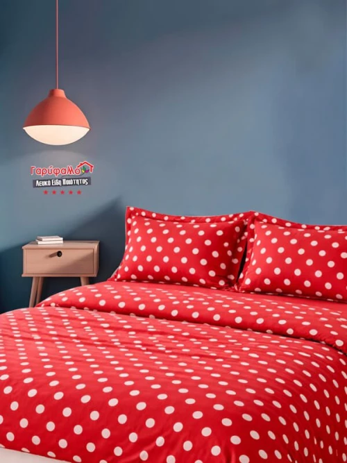 Σετ Σεντόνια Γίγας - King Size Βαμβοκασατεν 300 Κλωστών Κόκκινο Πουά Γαρύφαλλο 240x260