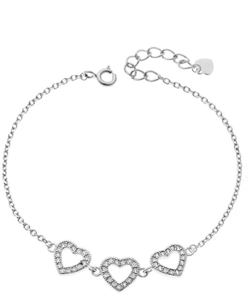 Βραχιόλι Γυναικείο Senza από ασήμι 925, τριπλή καρδιά με λευκά ζιργκόν SSR4168SR