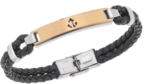 Βραχιόλι Senza Men`s Gold Plated Steel, Black Leather Strap With Anchor SSD5776SGD