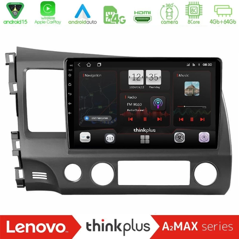 Lenovo Thinkplus A2MAX Series 8Core Android15 4+64GB Honda Civic 2006-2011 Navigation Multimedia Tablet 10"