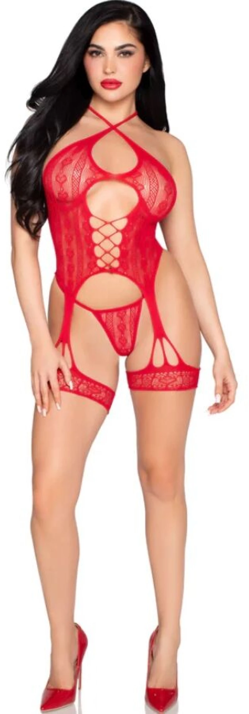 LEG AVENUE - 89338 LACE OPEN BODYSUIT WITH GARTER BELT + THONG RED - ONE SIZE
