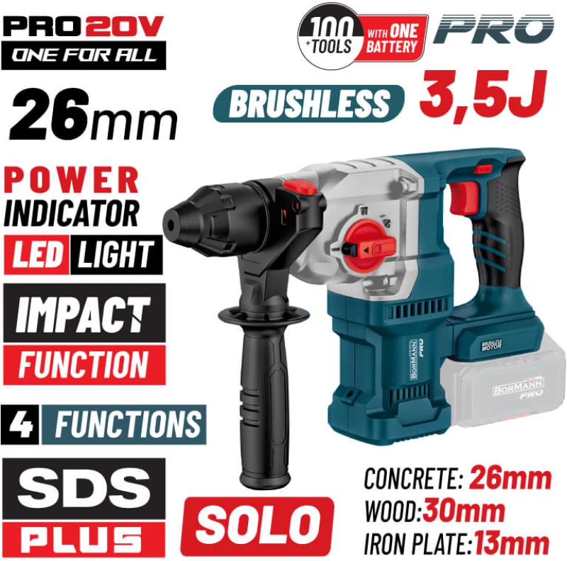 BORMANN Πνευματικό Σκαπτικό Μπαταρίας SDS-PLUS Brushless 20V 3.5J SOLO (BBP5315)