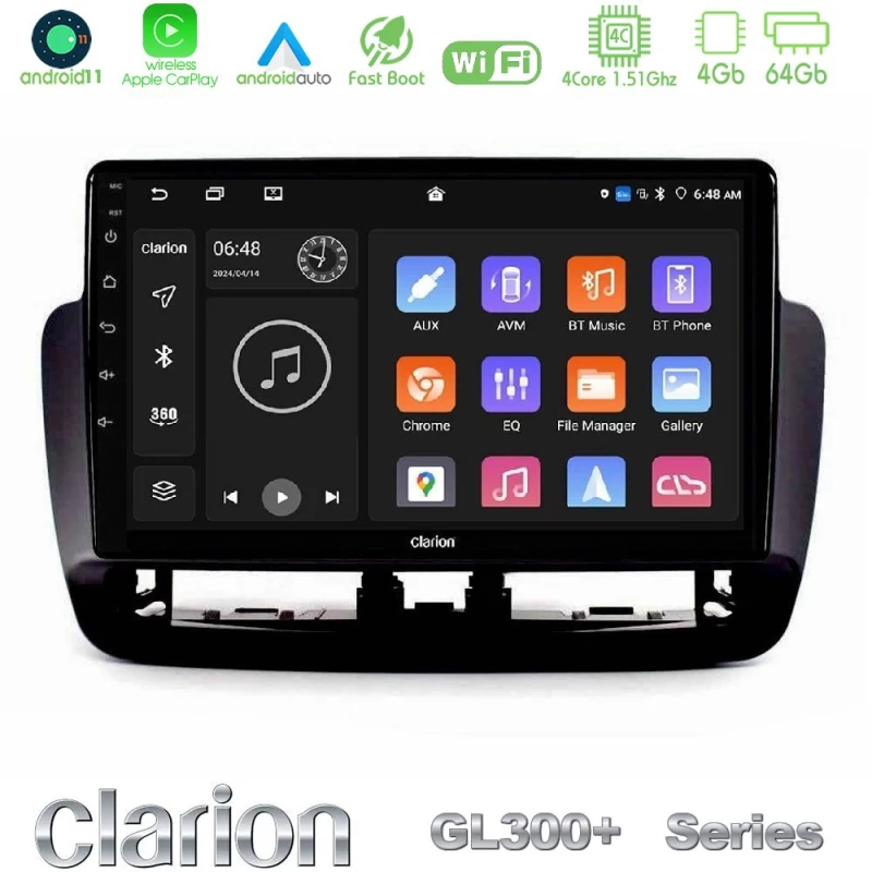 Clarion Gl300+ Series 4core Android11 4+64gb  Seat Ibiza 2012-2015 Navigation Multimedia Tablet 9"   (Piano Black) u-Gl34-St1832bl