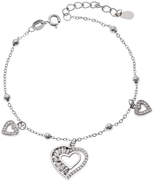 Βραχιόλι Γυναικείο Senza από ασήμι 925, τριπλή κρεμαστή καρδιά με λευκά ζιργκόν