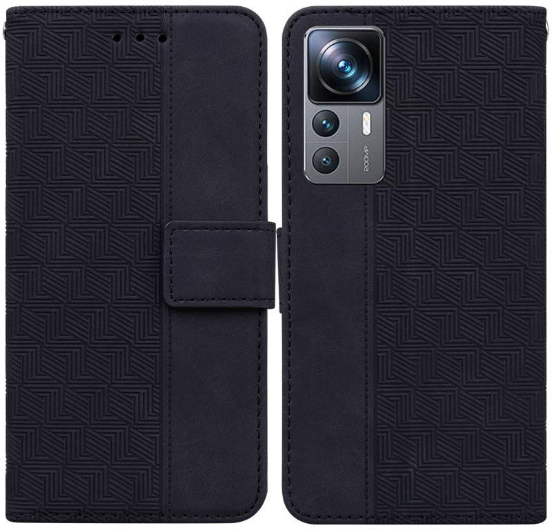 Για Xiaomi 12T Pro γεωμετρική ανάγλυφη Flip υπόθεση τηλεφώνου δέρματος (Μαύρο)