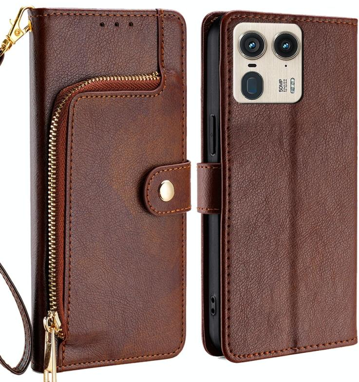 Για Motorola Edge 50 Ultra φερμουάρ τσάντα δερμάτινη θήκη τηλεφώνου (Καφέ)
