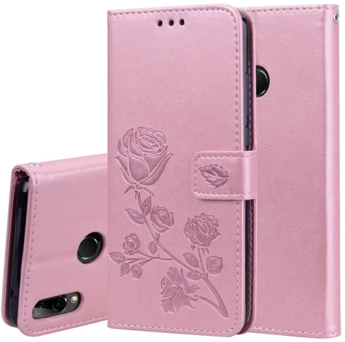 Θήκη για Huawei Y9 (2019) με ανάγλυφο σχέδιο τριαντάφυλλου, οριζόντια, από δερματίνη PU, με βάση στήριξης & θήκες για κάρτες & πορτοφόλι (Χρυσός)
