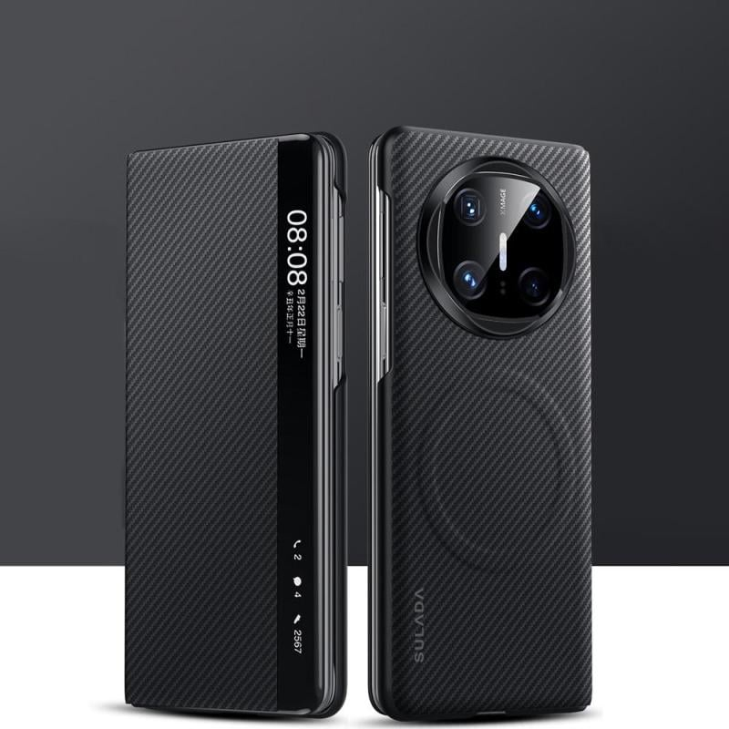 Θήκη τηλεφώνου Huawei Mate X6 SULADA Kevlar 600D με υφή, Smart Window από δέρμα (Μαύρο)