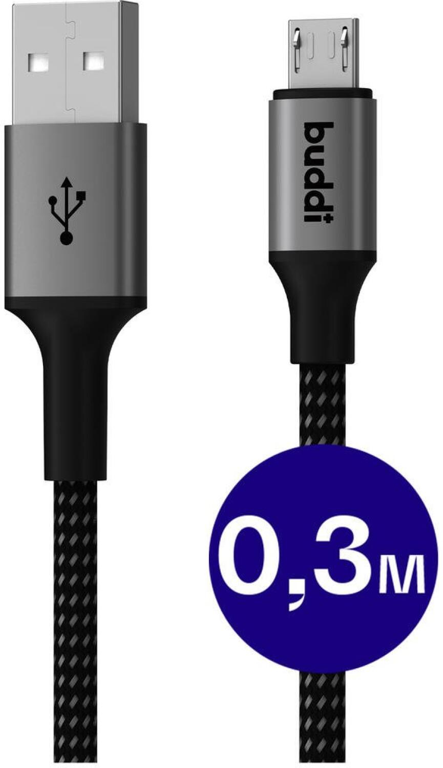 Καλώδιο Buddi Flex Φόρτισης και Μεταφοράς Δεδομένων USB-A σε MicroUSB 30cm 12W 5 Έτη Εγγύηση - Black (8719246467141)