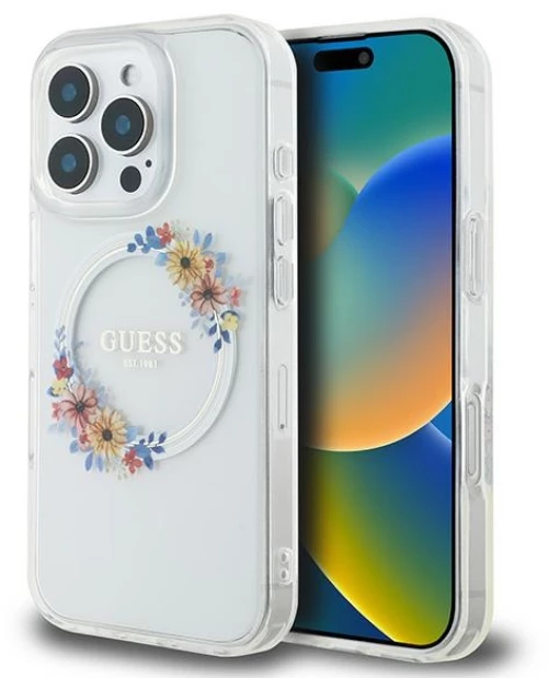 Guess IML Flowers Wreath MagSafe Case for iPhone 16 Pro - Clear