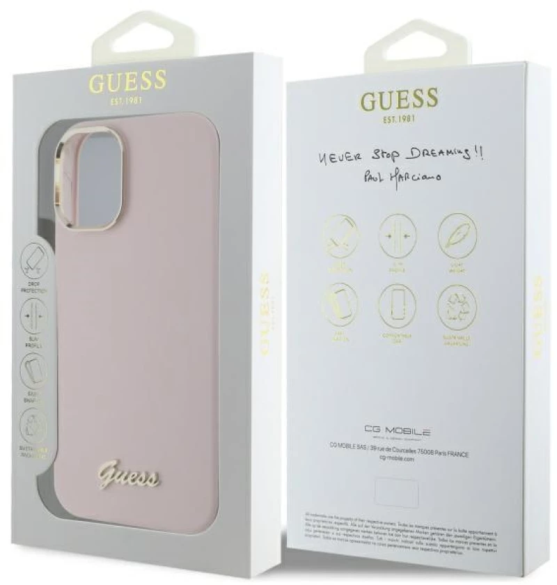 Guess Silicone Script Metal Logo & Frame iPhone 16 Plus Case - Pink