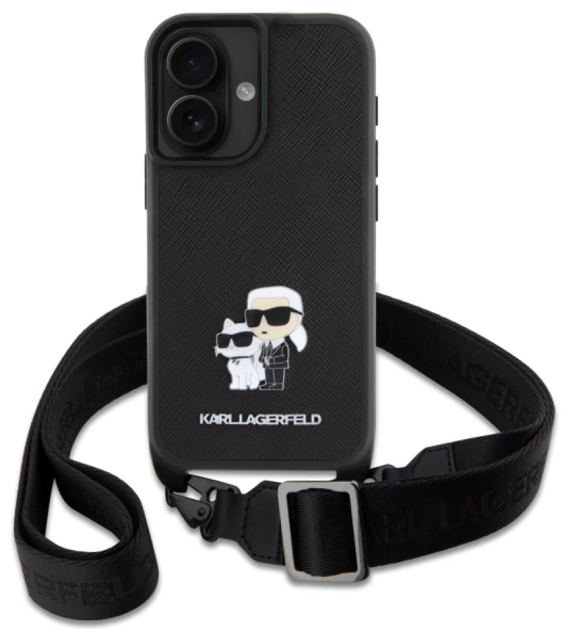 Karl Lagerfeld Saffiano Karl&Choupette Metal Pin CBDY Strap iPhone 16 Case - Black