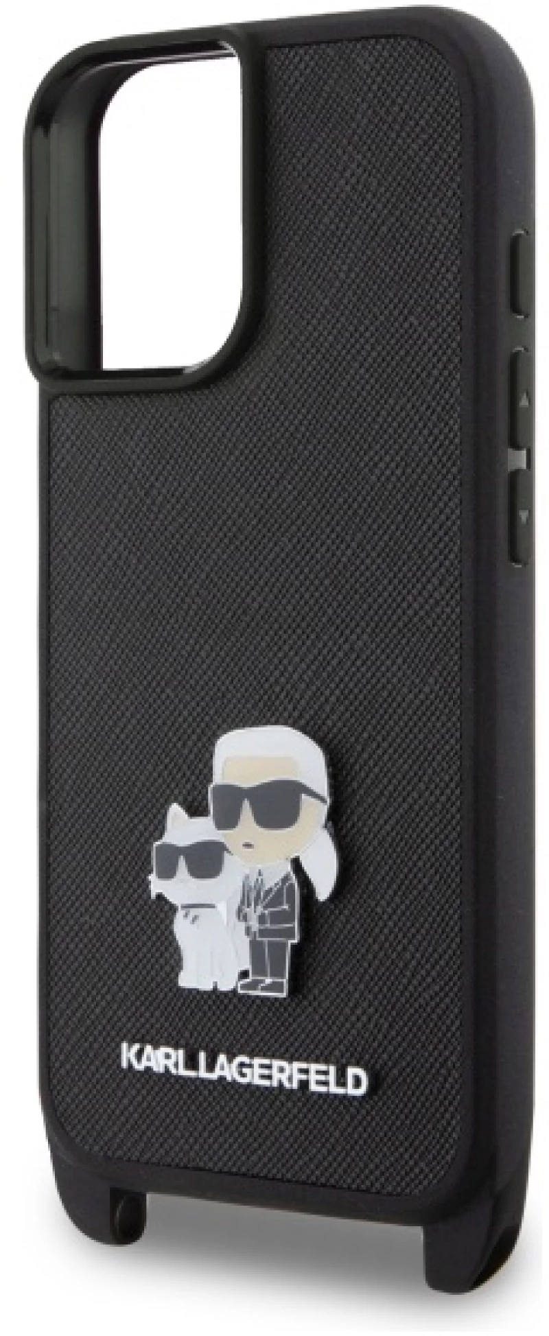 Karl Lagerfeld Saffiano Karl&Choupette Metal Pin CBDY Strap iPhone 16 Case - Black