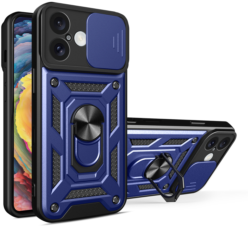 Hybrid Armor Camshield iPhone 16 Case with Camera Cover and Stand - Blue