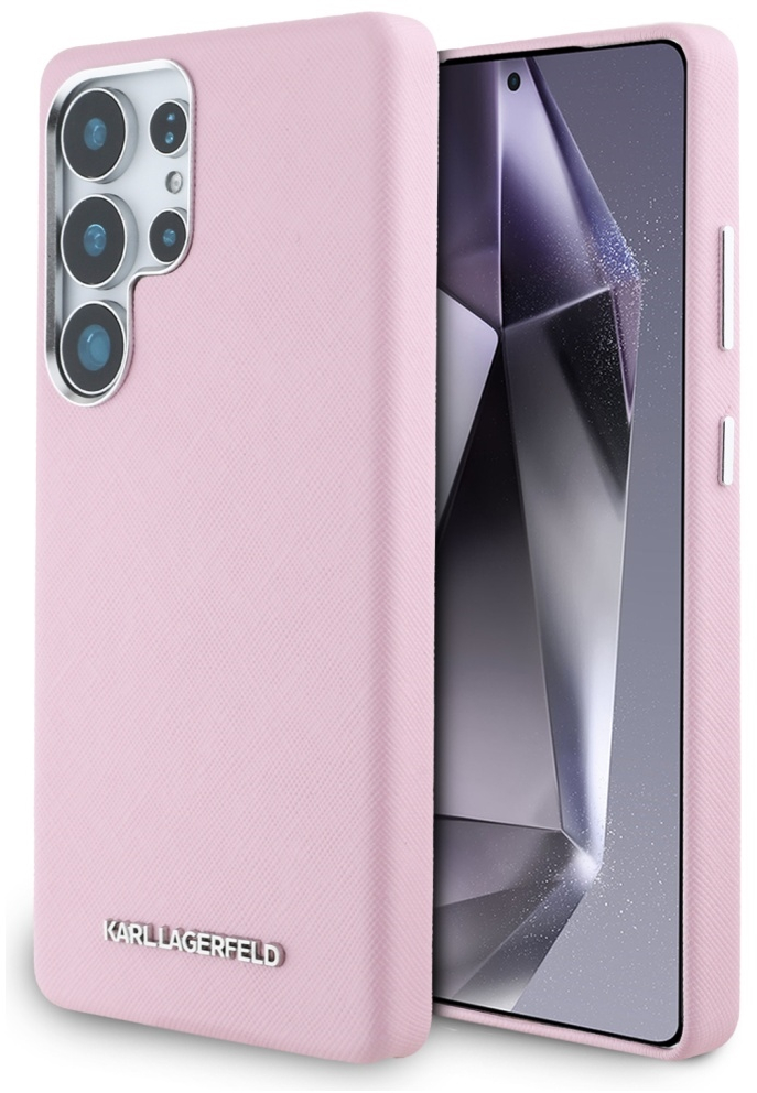 Karl Lagerfeld Saffiano Full Wrapped Elongated Metal Logo MagSafe Case for Samsung Galaxy S25 Ultra - Pink