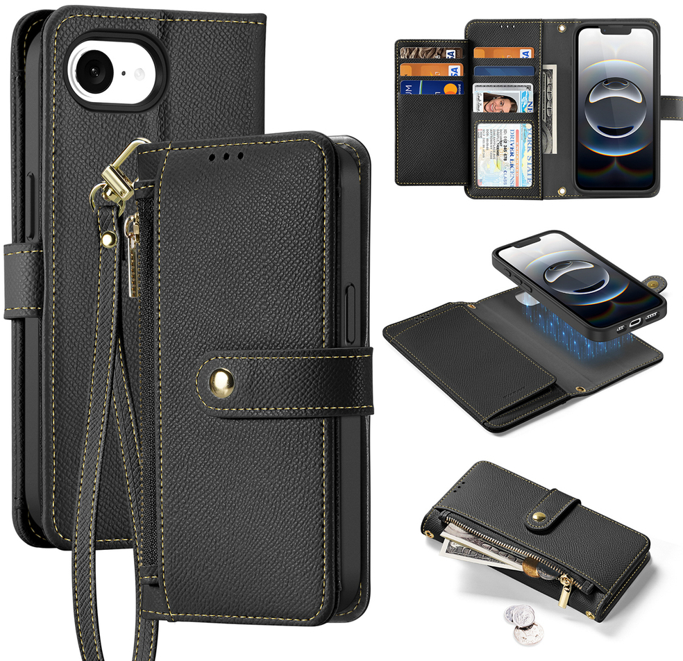 Dux Ducis Lawa iPhone 16e Leather Case with Detachable Magnetic Wallet - Black