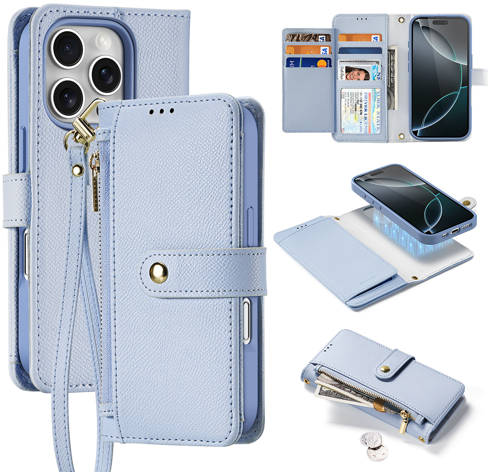 Dux Ducis Lawa iPhone 16 Pro Leather Case with Detachable Magnetic Wallet - Blue