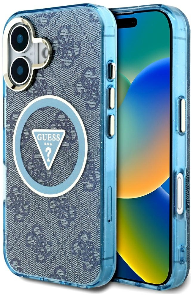 Guess IML Metal Glitter 4G Circle Triangle MagSafe Case for iPhone 16 - Blue