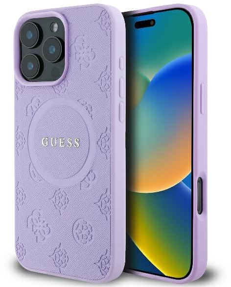Guess Saffiano Peony Classic Logo MagSafe iPhone 16 Pro Case - Purple