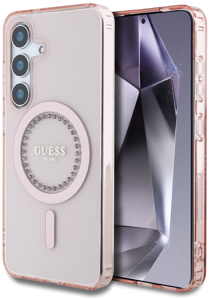 Guess Rhinestones Printed Classic Logo MagSafe Samsung Galaxy S25 Case Pink
