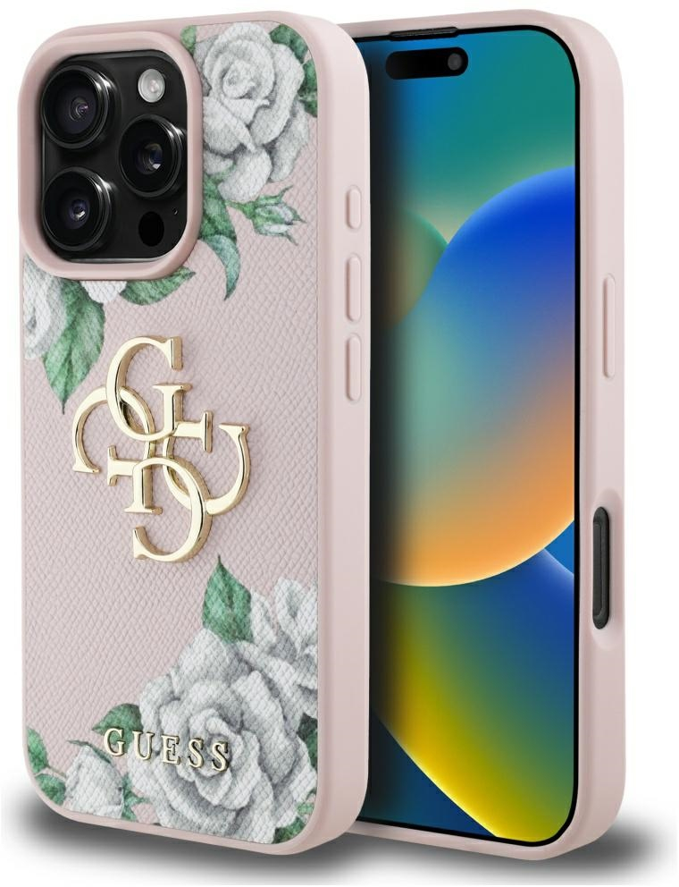 Guess Grained Roses Big 4G logo iPhone 16 Pro case - pink