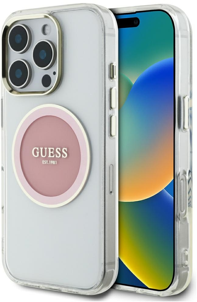 Guess IML Metal Colored Circle Classic Logo MagSafe iPhone 16 Pro Case - Pink