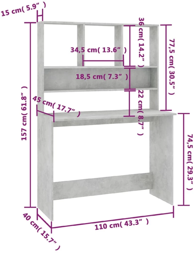 vidaXL Γραφείο με Ράφια Γκρι Σκυροδέματος 110x45x157 εκ. Μοριοσανίδα